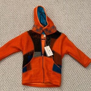 Kids Orange Hooded Patchwork Fleece Jacket
